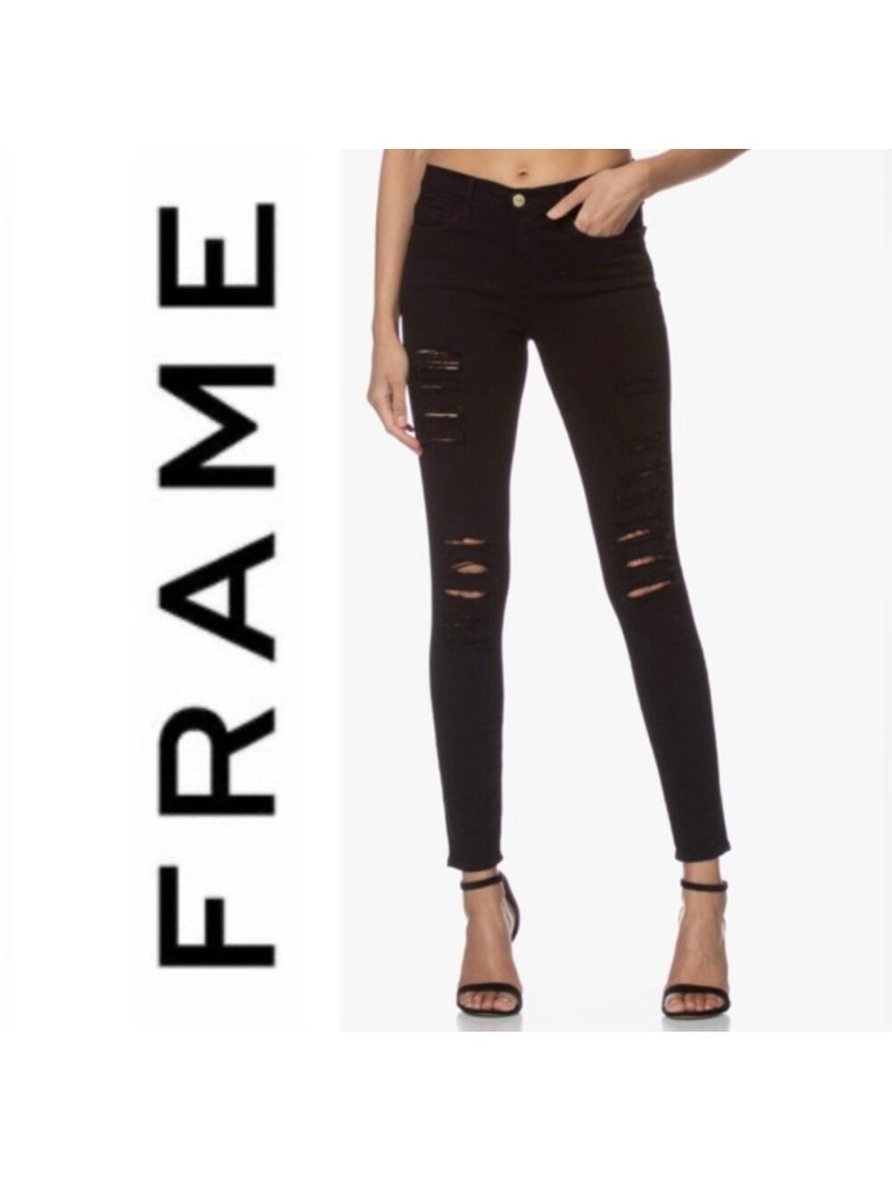 FRAME Le Skinny De Jeanne Black Distressed Jeans  Stretch  Goth Womens sz 25
